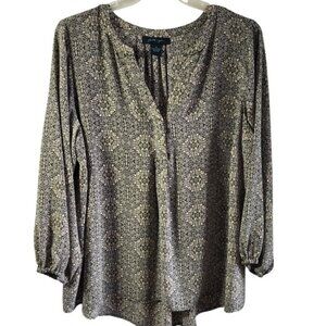 Faith & Zoe Womens Plus Size 2X Black Tan Floral Print Long Sleeve Tunic Top